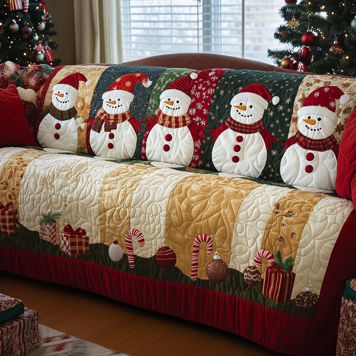 Snowmen with Candy Canes and Gifts Sofa Cover