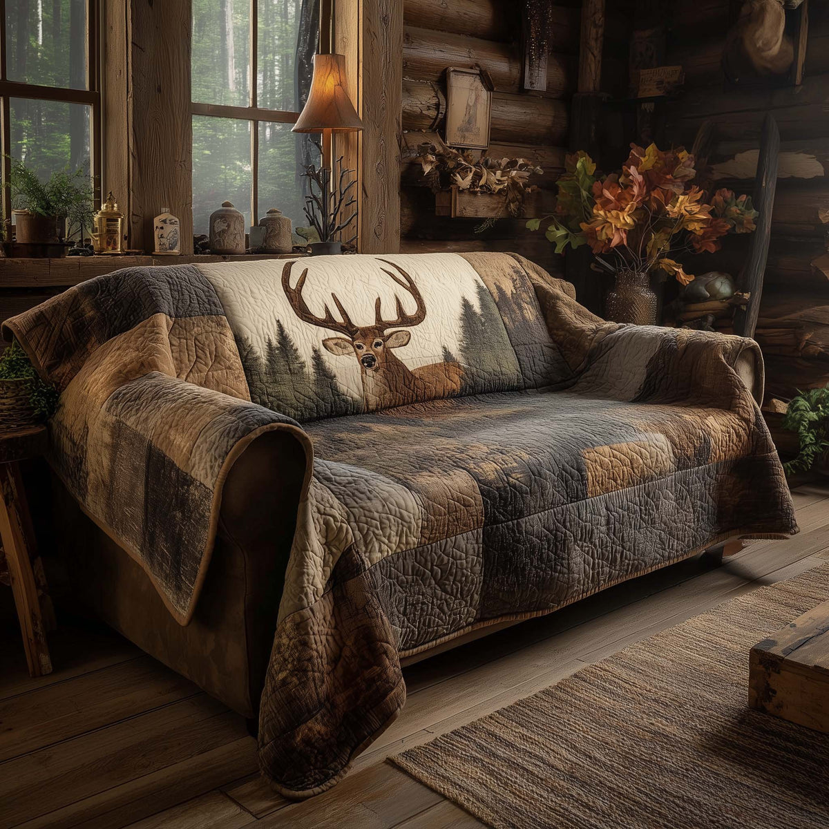 Antler Crest on Brown Patchwork Sofa Cover