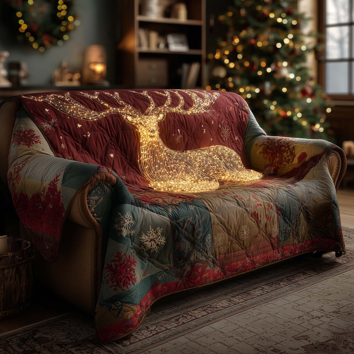 Glowing Reindeer on Red Patchwork Sofa Cover