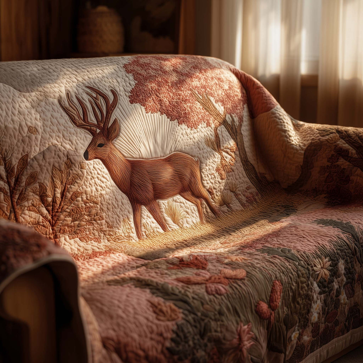 Copper Deer on Blush Pink Sofa Cover