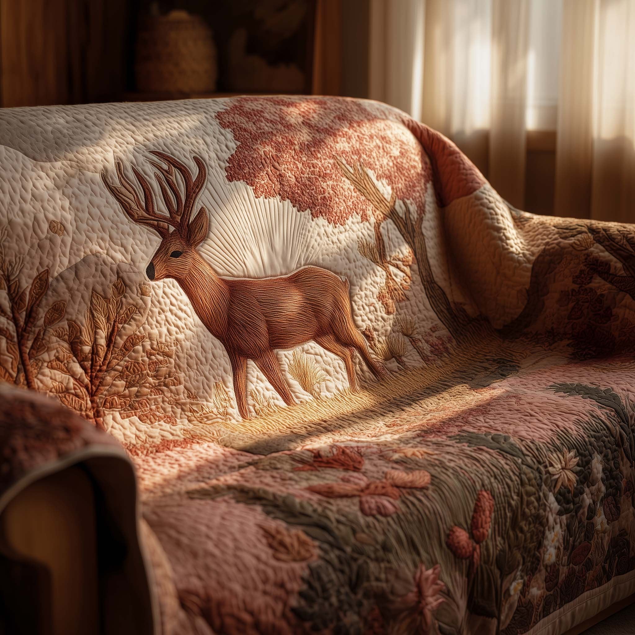 Copper Deer on Blush Pink Sofa Cover