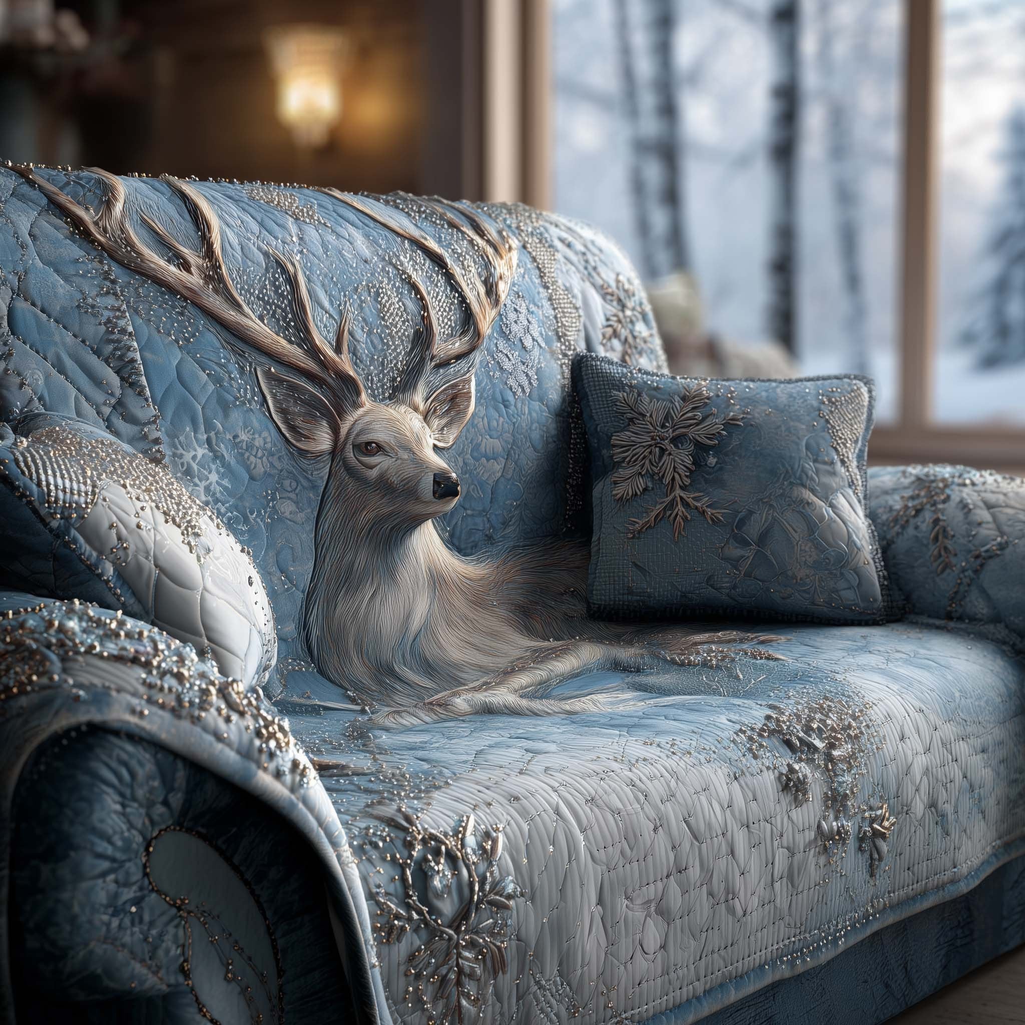 Grey Deer on Icy Snowflakes Sofa Cover