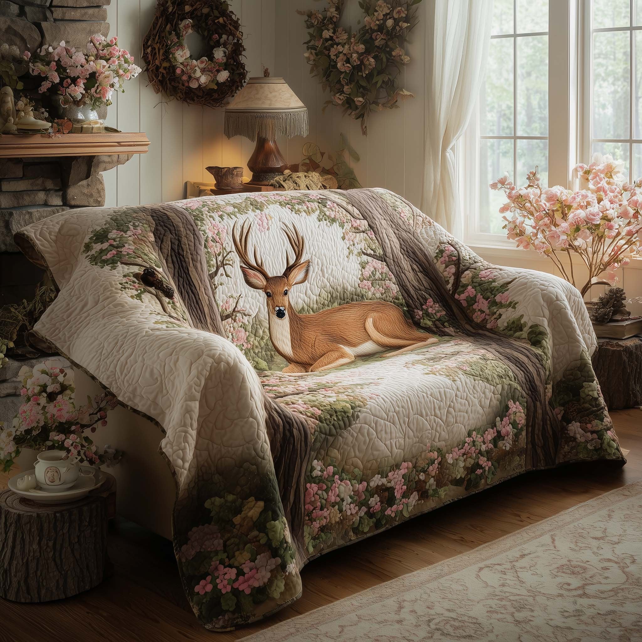 Resting Deer Among Pink Blossoms Sofa Cover