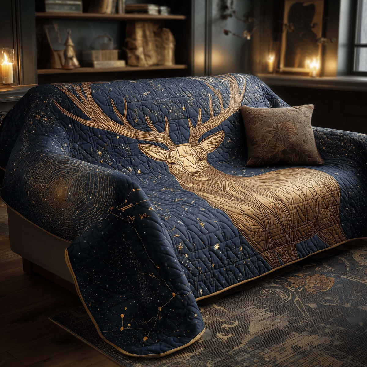 Golden Deer on Midnight Starlight Sofa Cover