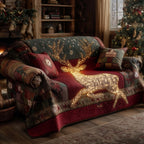 Leaping Golden Reindeer on Crimson Sofa Cover