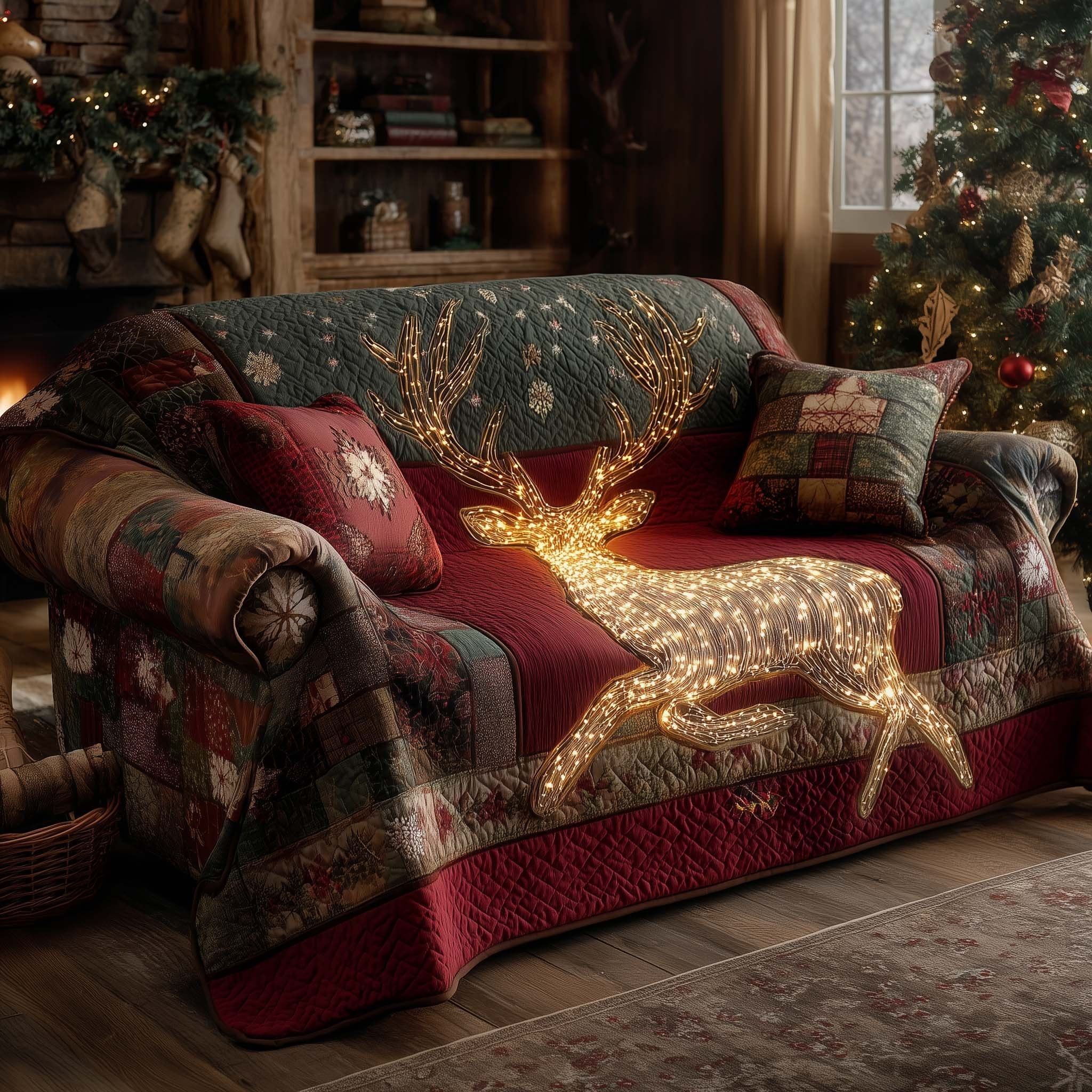 Leaping Golden Reindeer on Crimson Sofa Cover