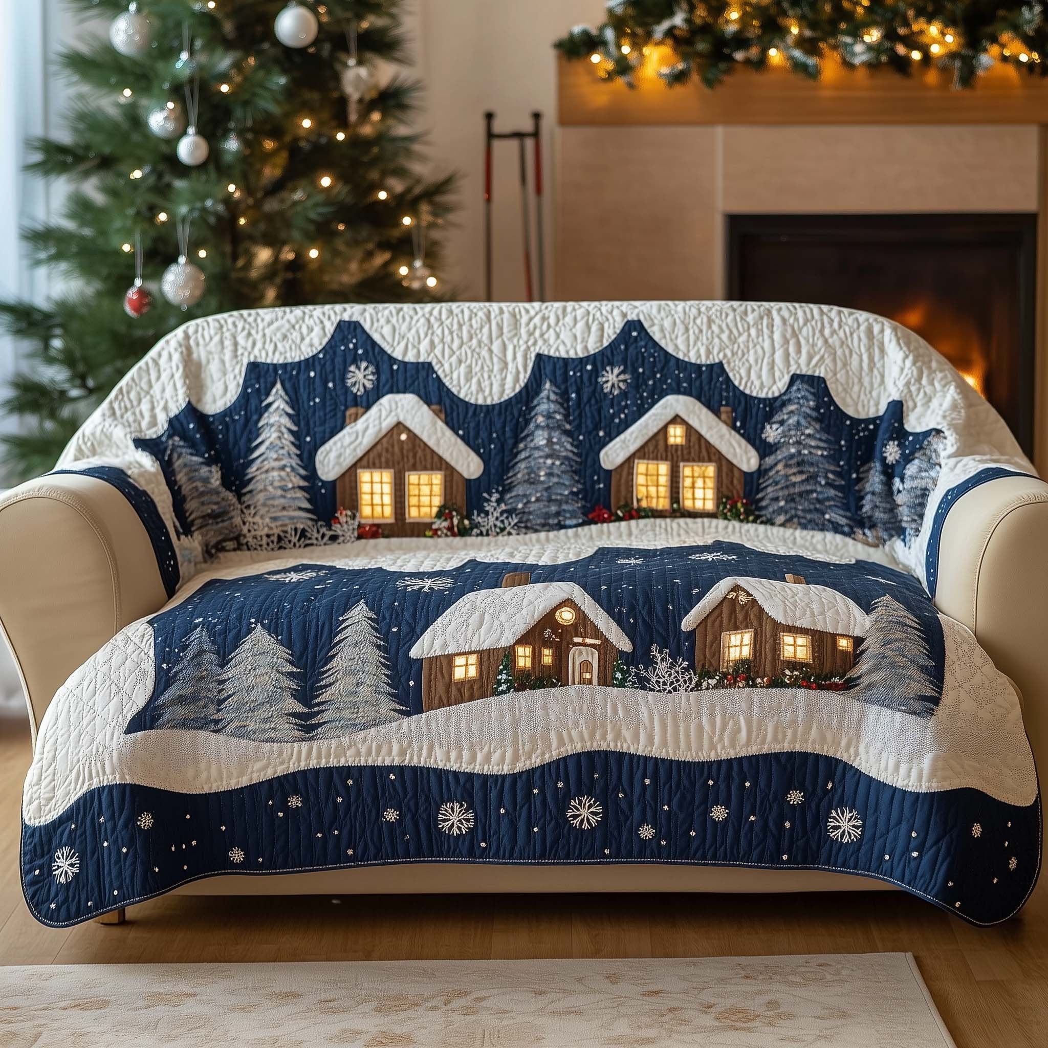 Lit Cabins on Navy Snowfield Sofa Cover