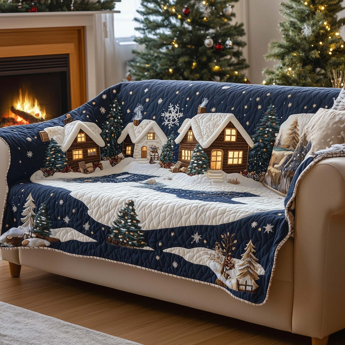 Snowy Cottage Village in Blue Sofa Cover