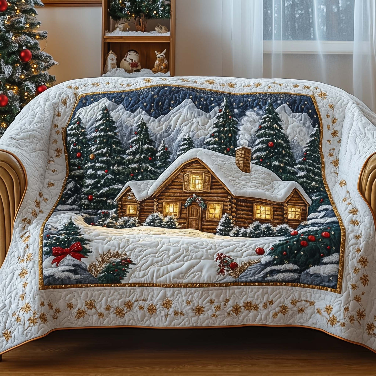 Log Cabin with a Red Ribbon Sofa Cover