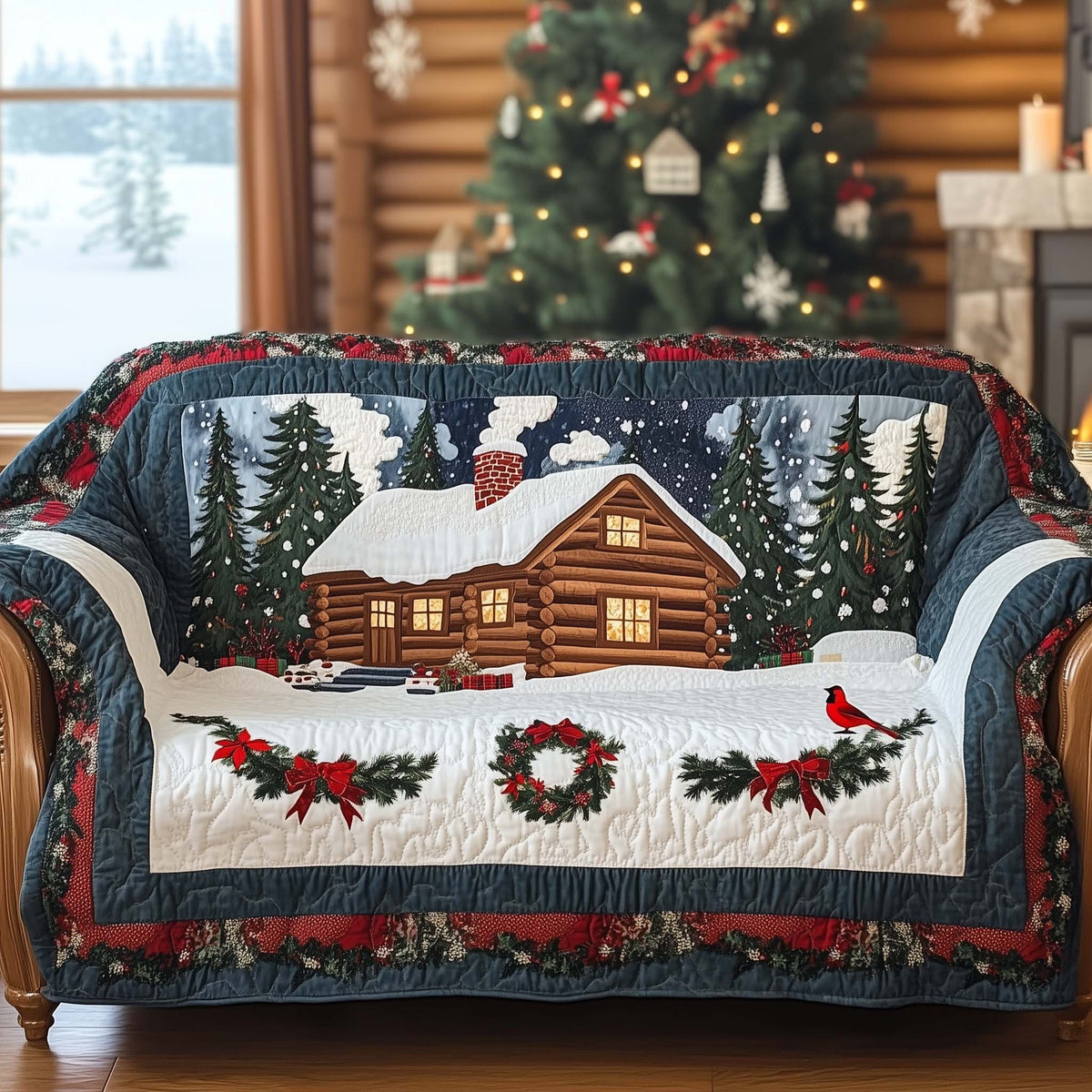 Log Cabin with Wreath and Cardinal Sofa Cover