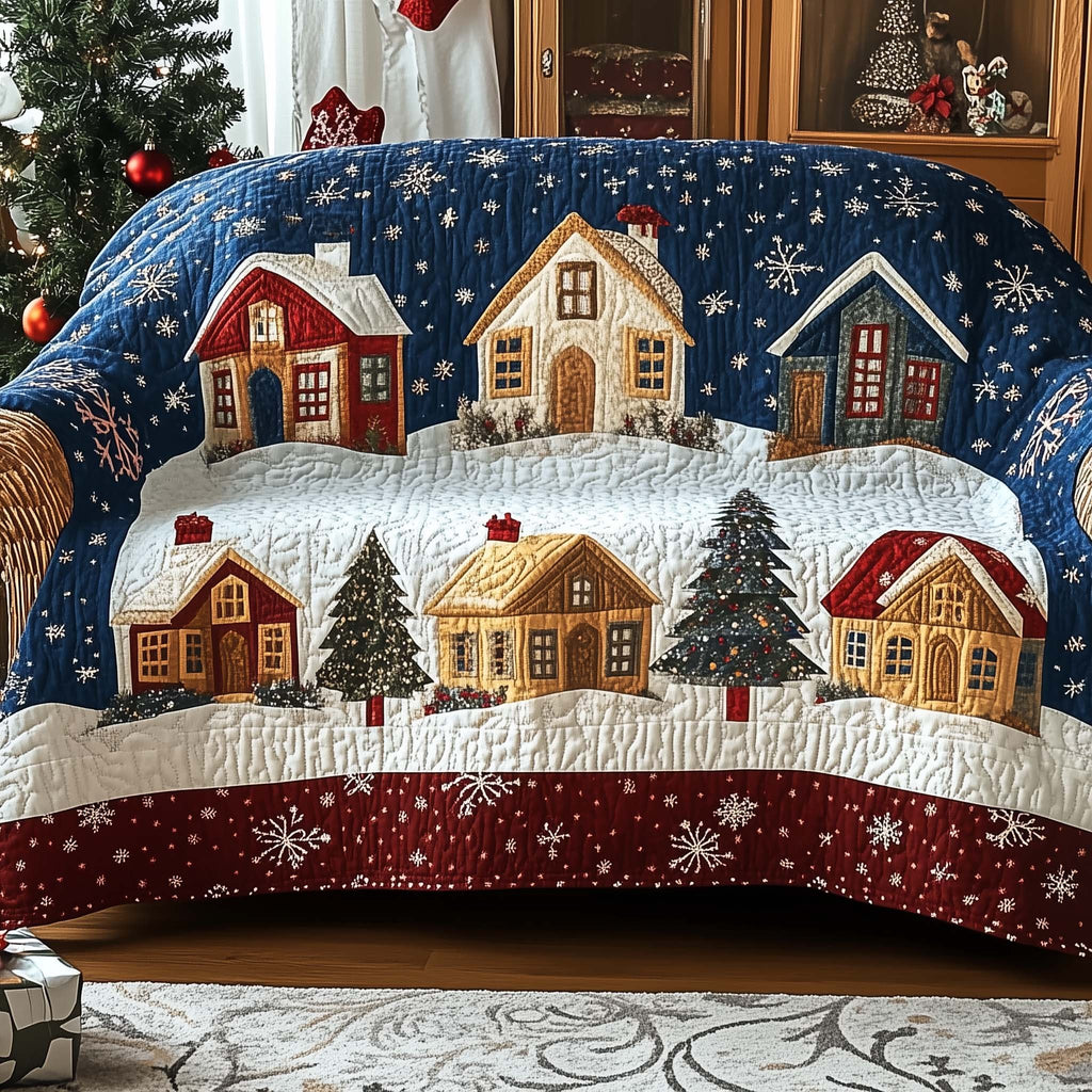 Colorful Village on Red Snowflake Border Sofa Cover