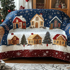 Colorful Village on Red Snowflake Border Sofa Cover