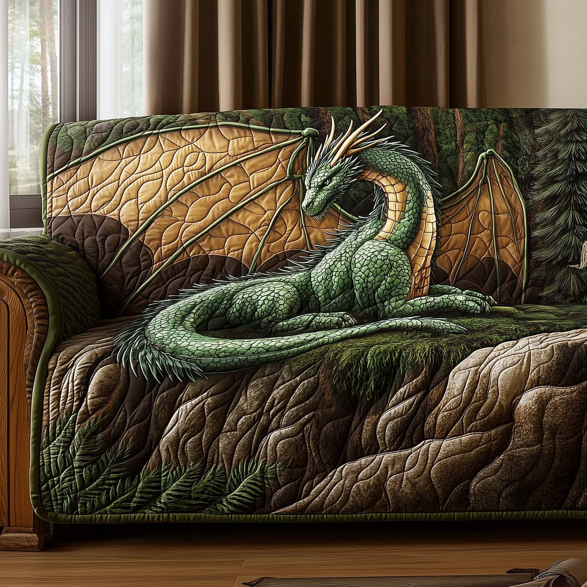 Green Dragon Resting on Stone Sofa Cover