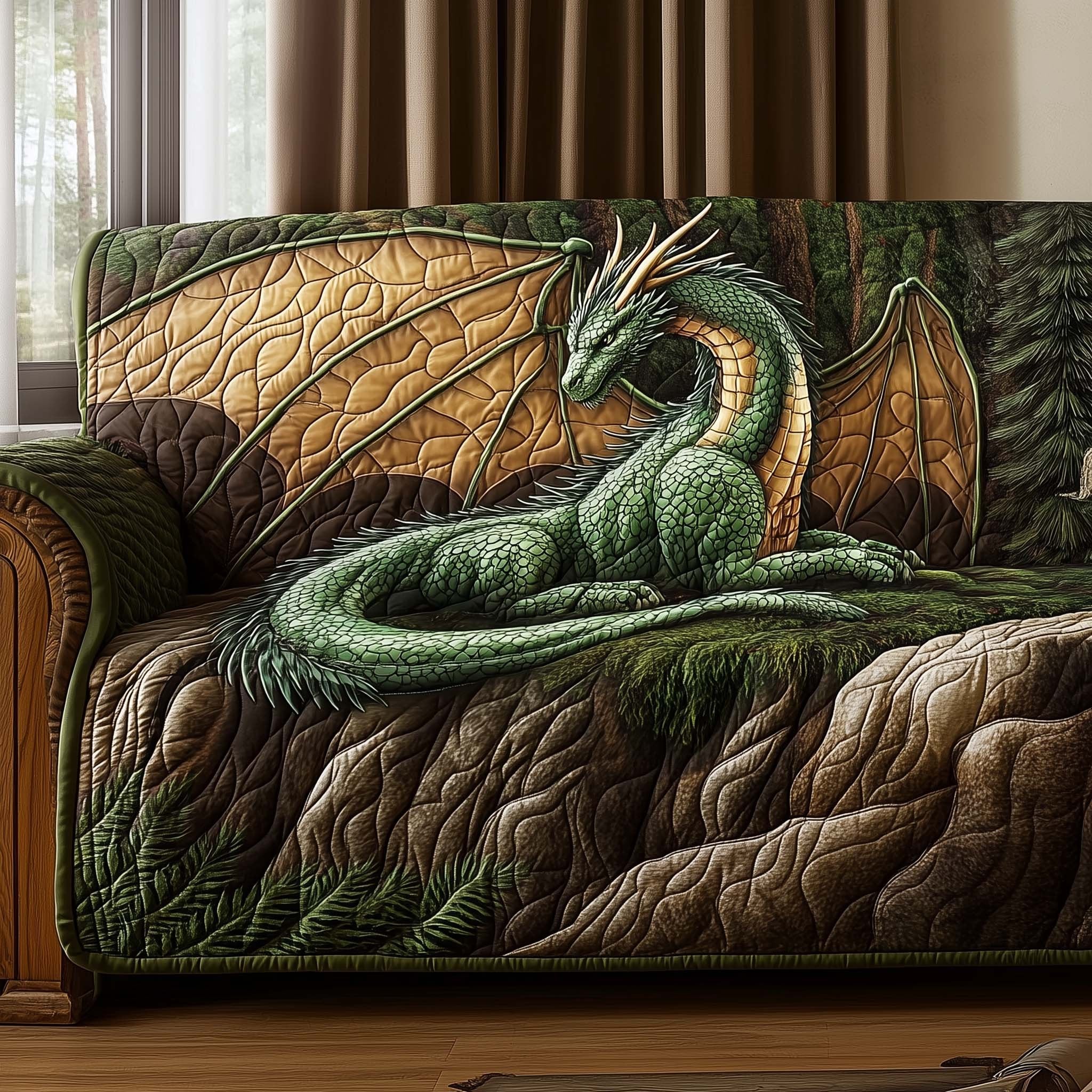 Green Dragon Resting on Stone Sofa Cover