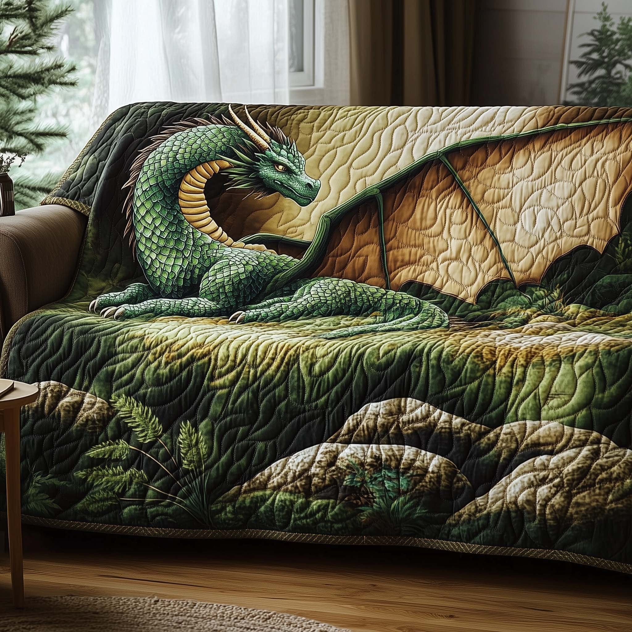 Green Dragon Over the Grassy Hill Sofa Cover