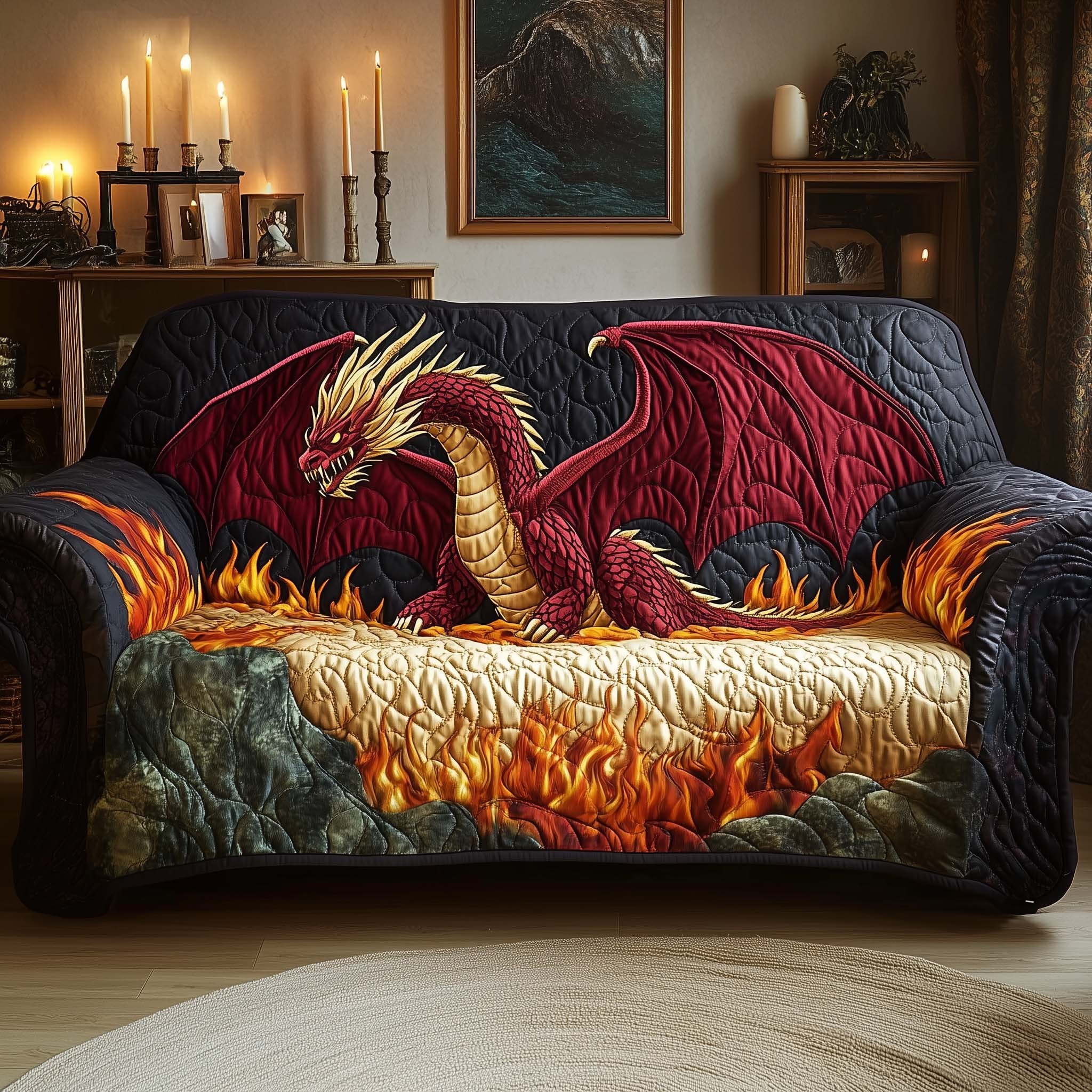 Crimson Dragon Above the Flames Sofa Cover