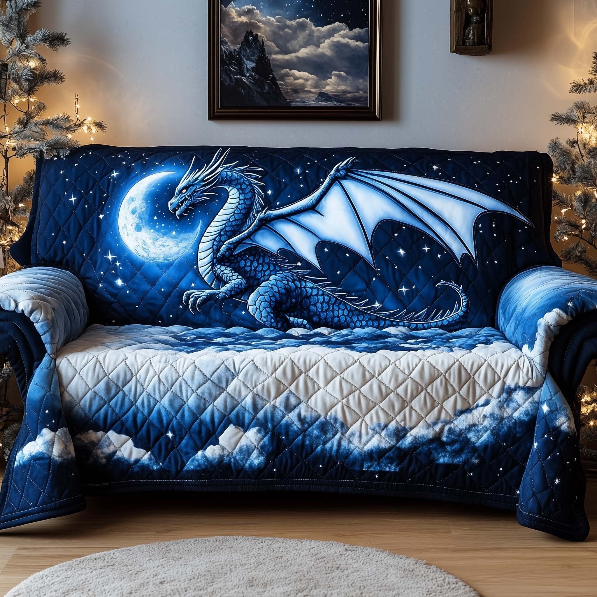 Blue Dragon Beneath the Crescent Moon Sofa Cover