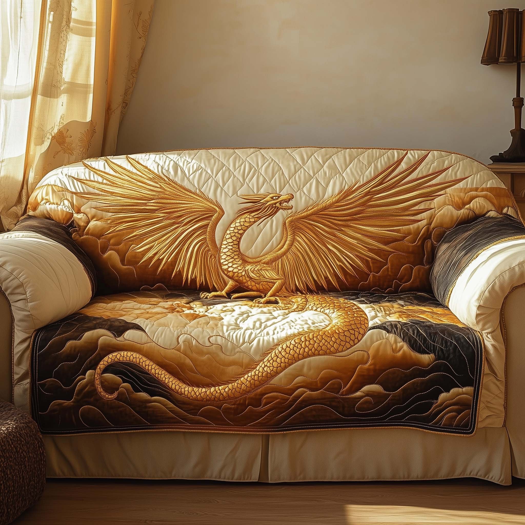 Golden Dragon with Outspread Wings Sofa Cover