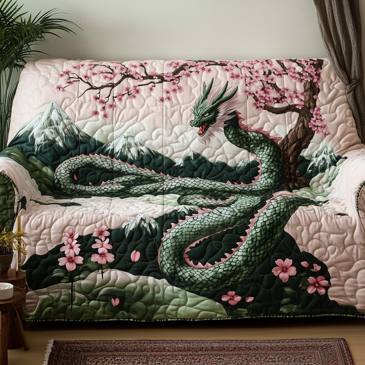 Green Dragon Among Cherry Blossoms Sofa Cover