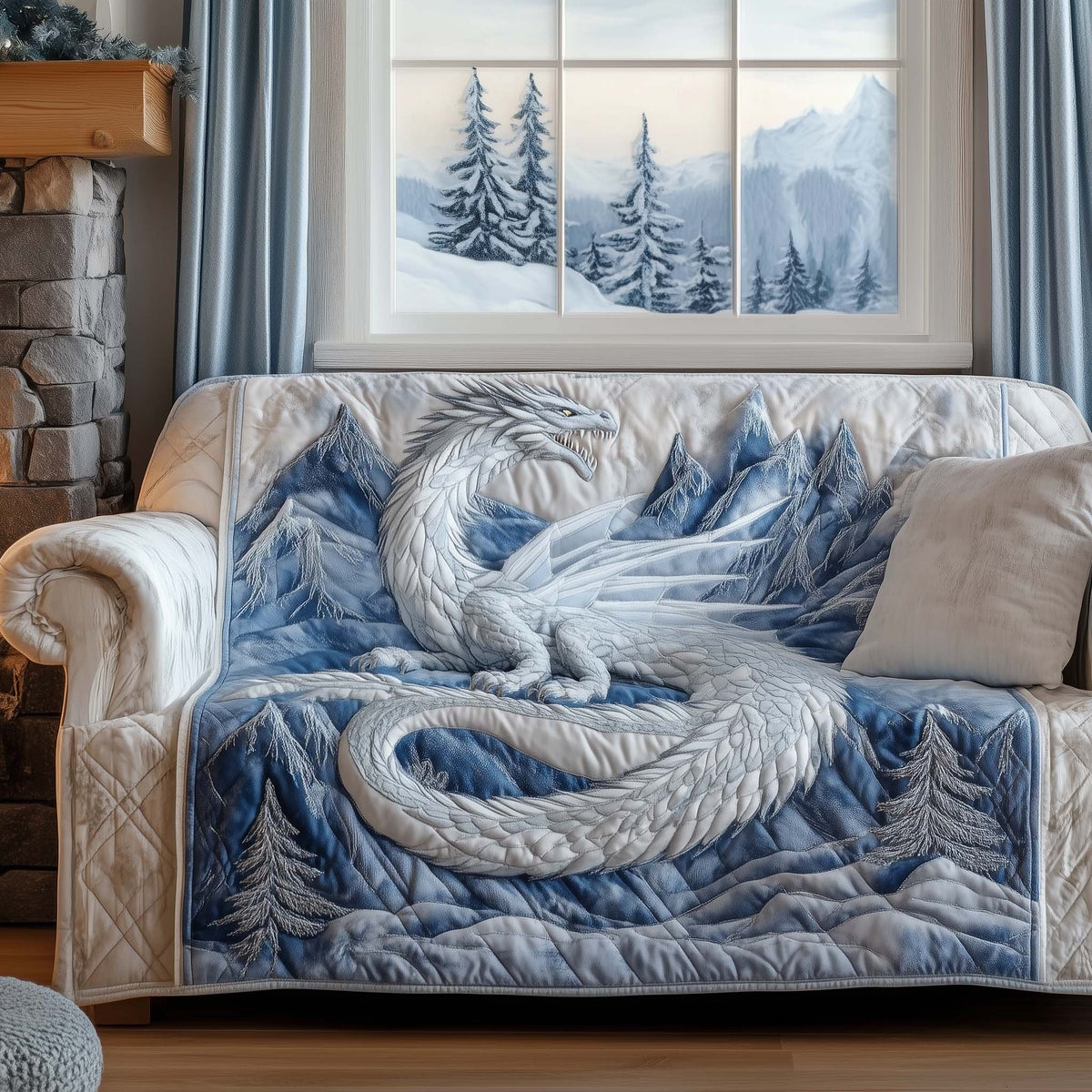 White Ice Dragon on Frozen Blue Sofa Cover