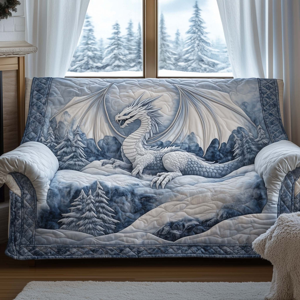 Pale Dragon Above Snowy Pines Sofa Cover