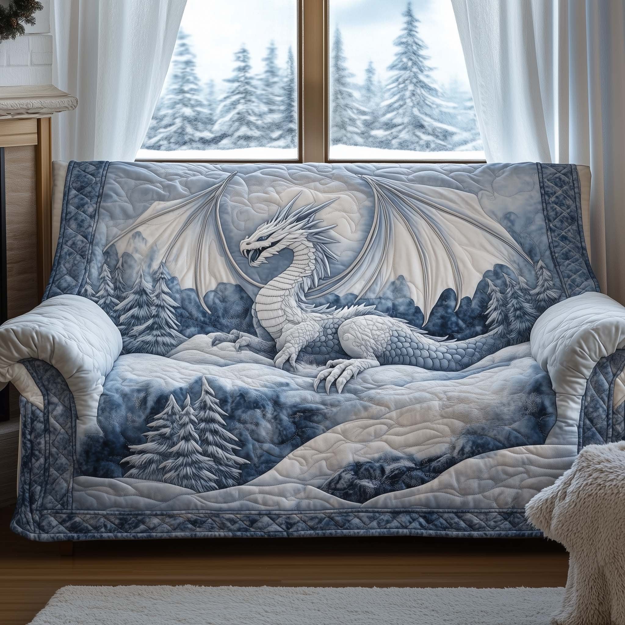 Pale Dragon Above Snowy Pines Sofa Cover