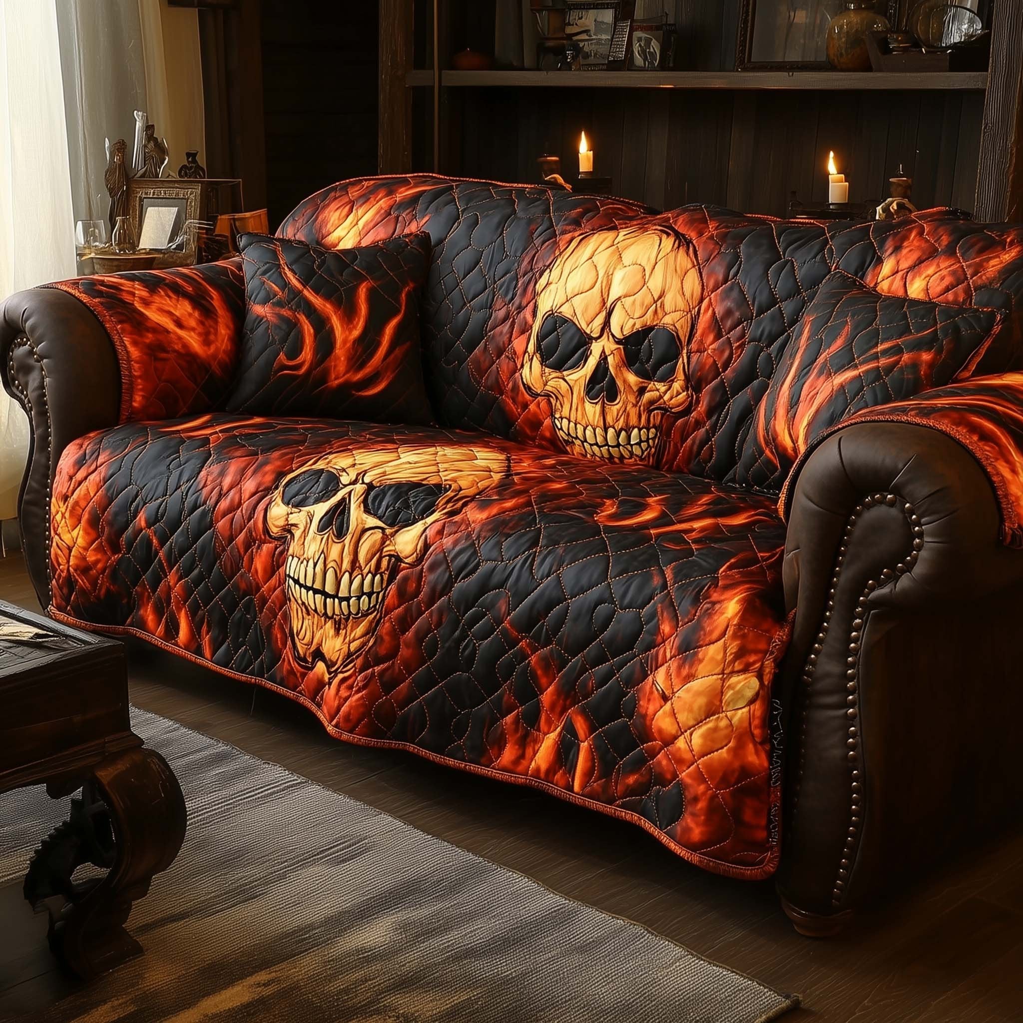 Flaming Skulls in Orange Fire Sofa Cover