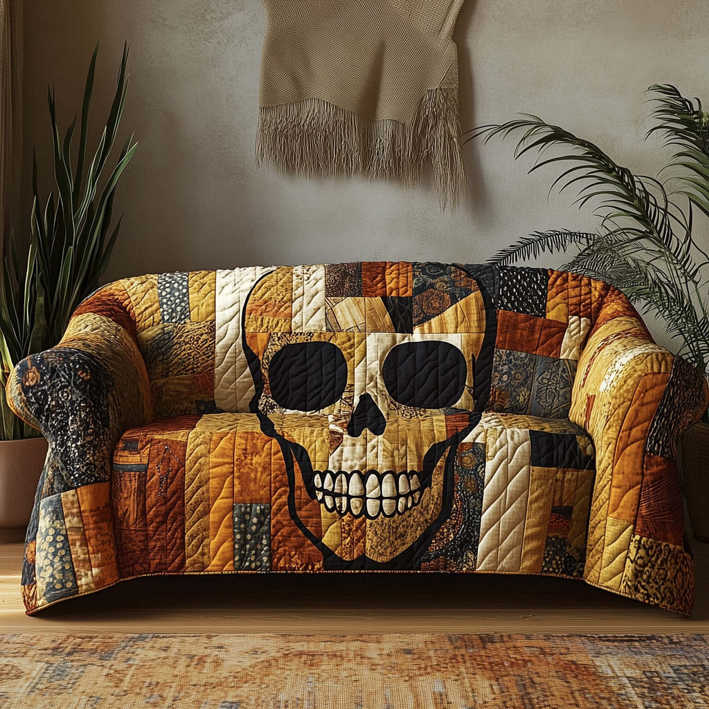 Grinning Skull on Golden Patchwork Sofa Cover