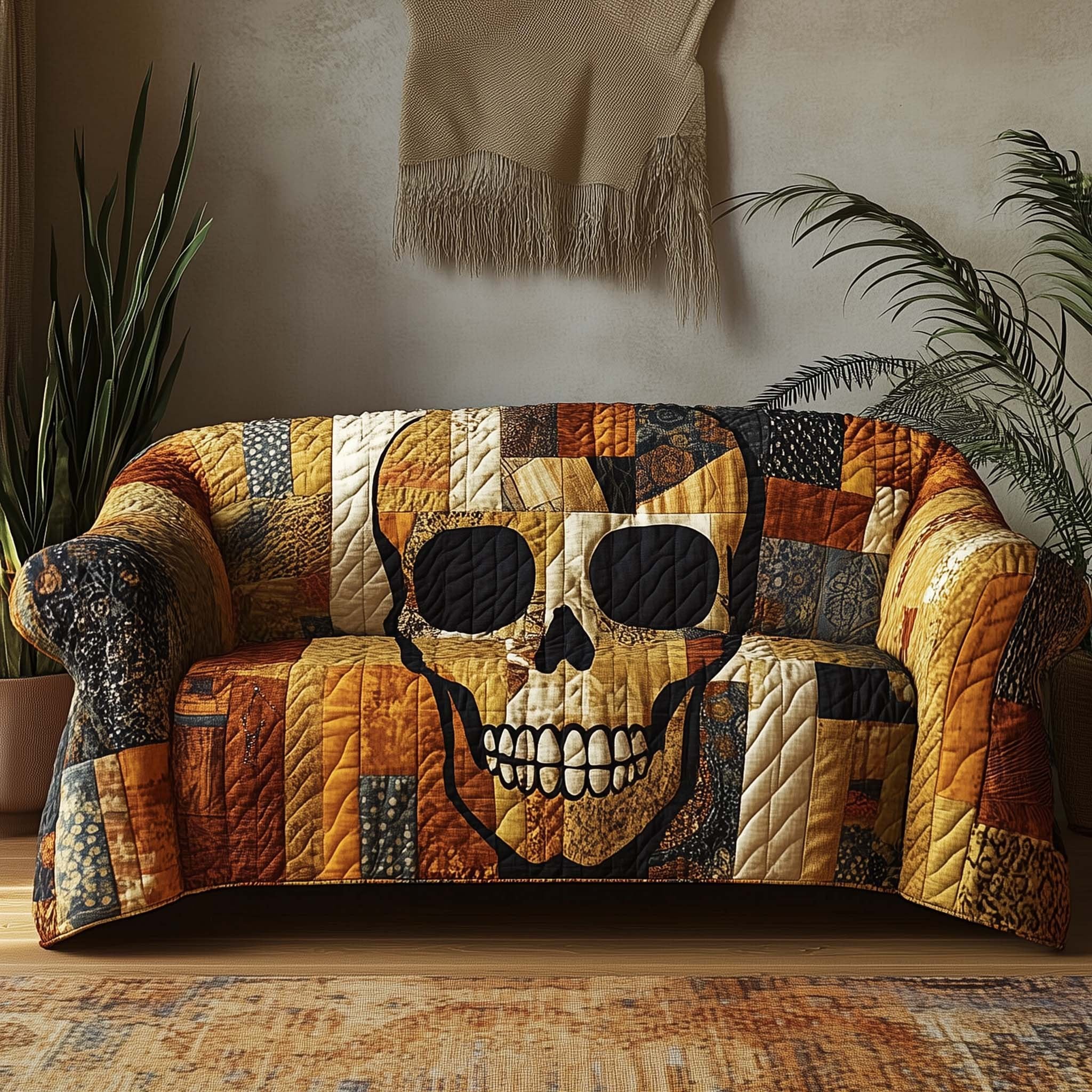 Grinning Skull on Golden Patchwork Sofa Cover