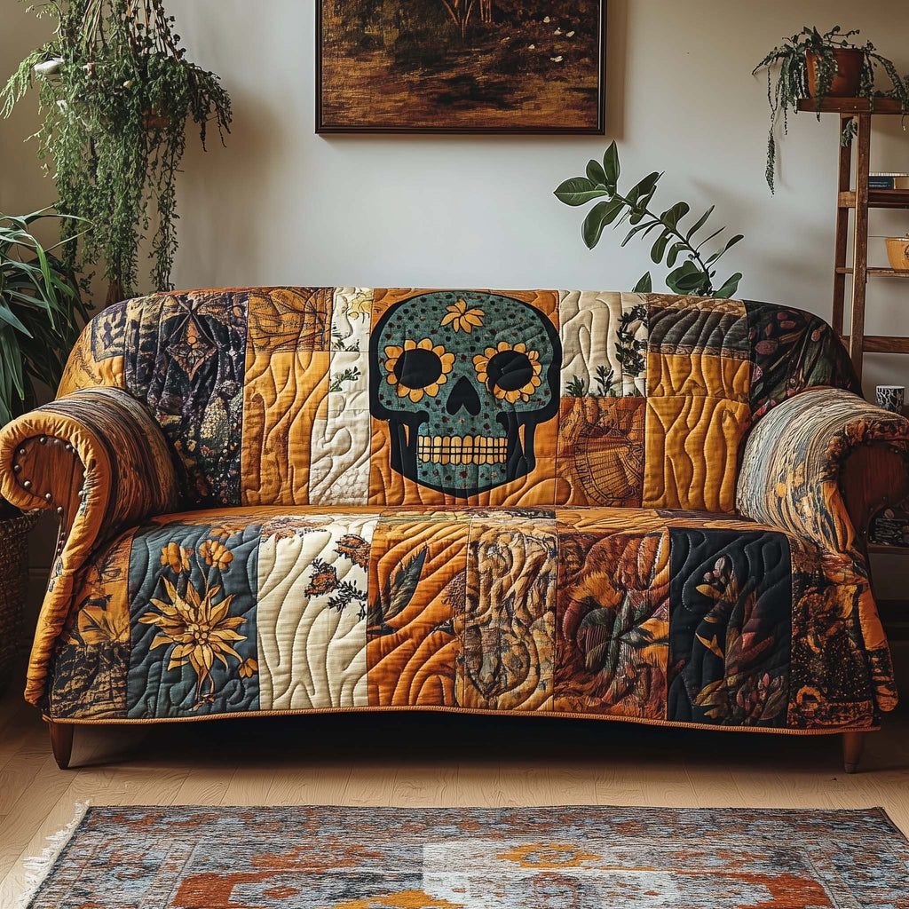 Sunflower Eyed Skull on Rust Blocks Sofa Cover