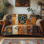 Sunflower Eyed Skull on Rust Blocks Sofa Cover