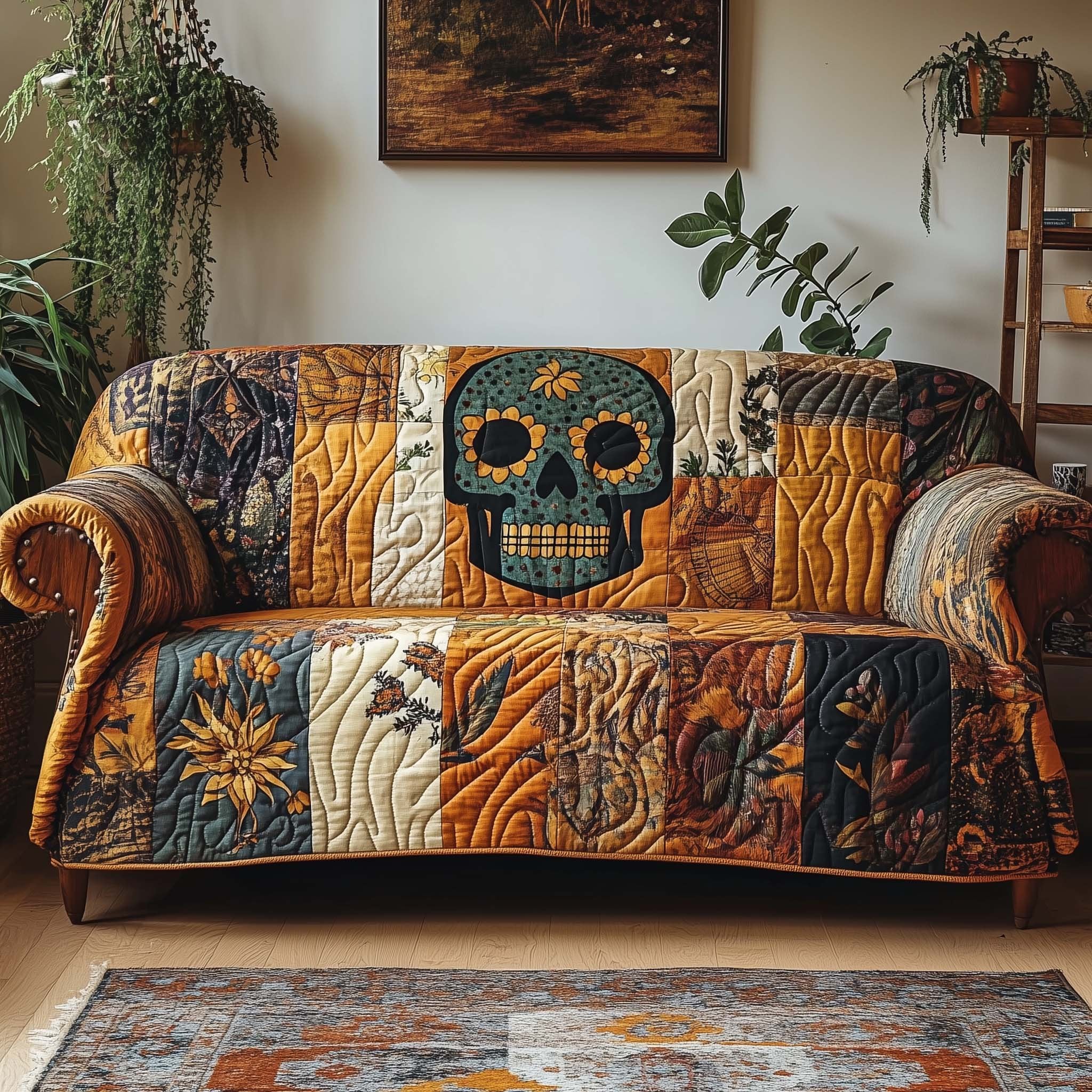 Sunflower Eyed Skull on Rust Blocks Sofa Cover