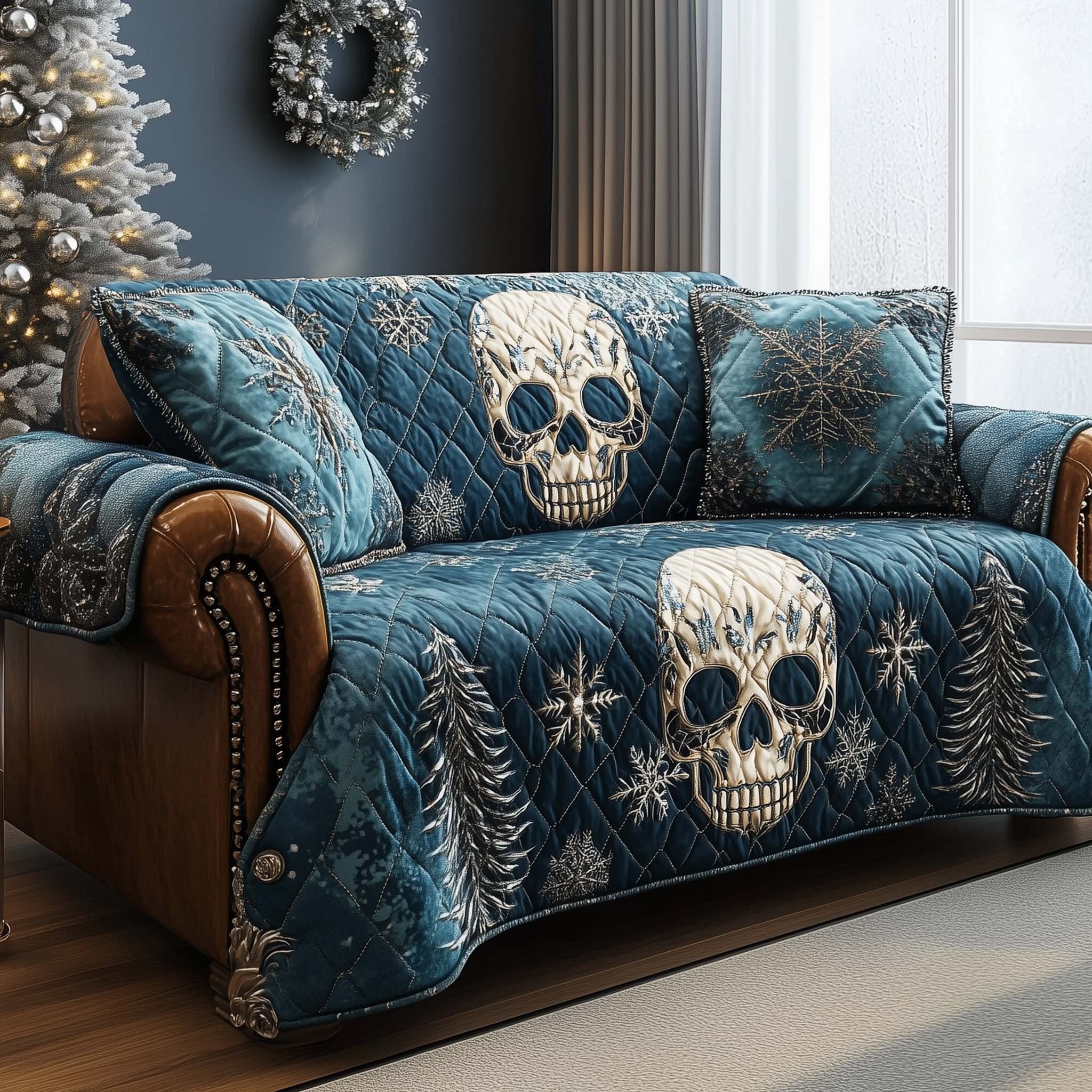 White Skull on Snowy Blue Sofa Cover