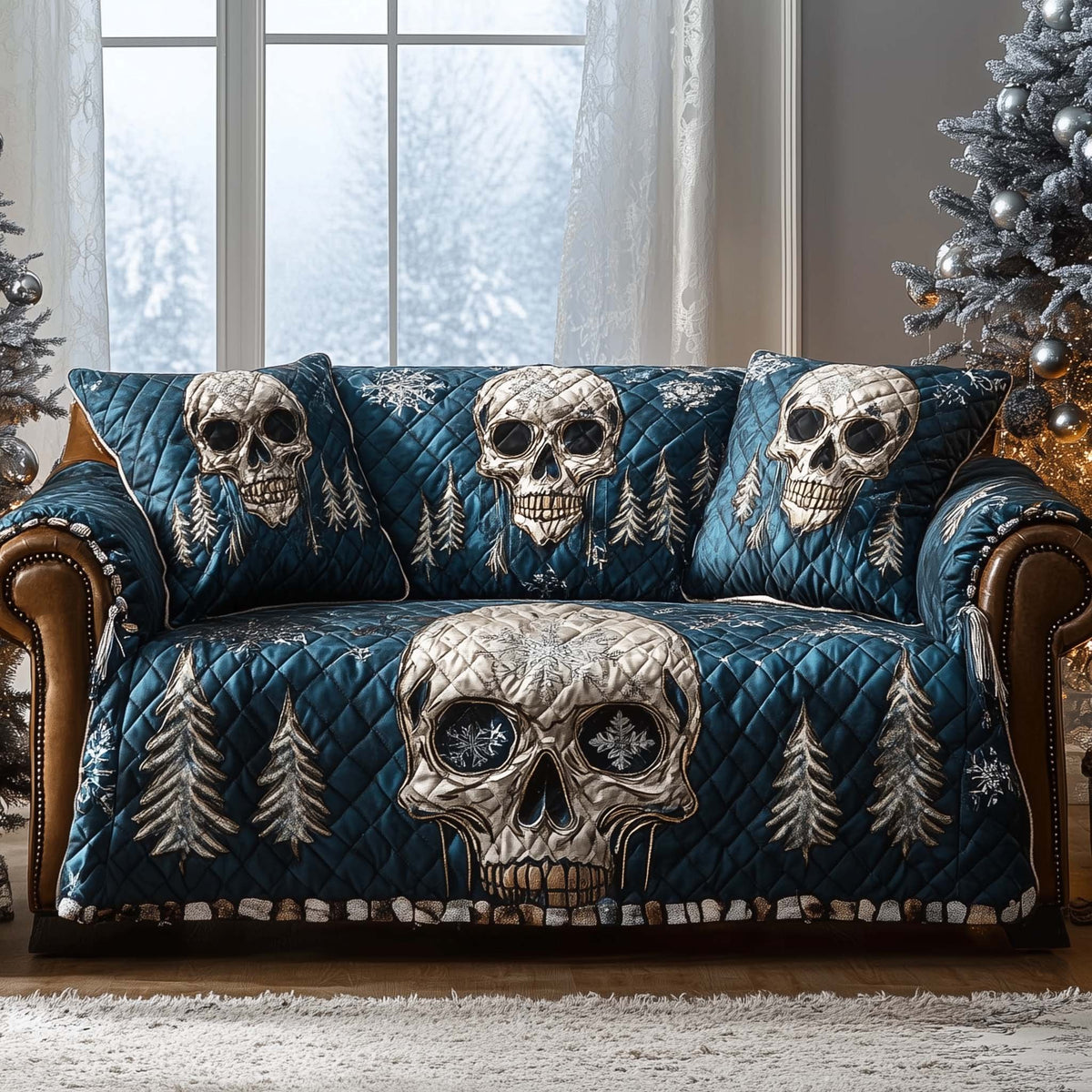 Three Skulls Among Teal Pines Sofa Cover