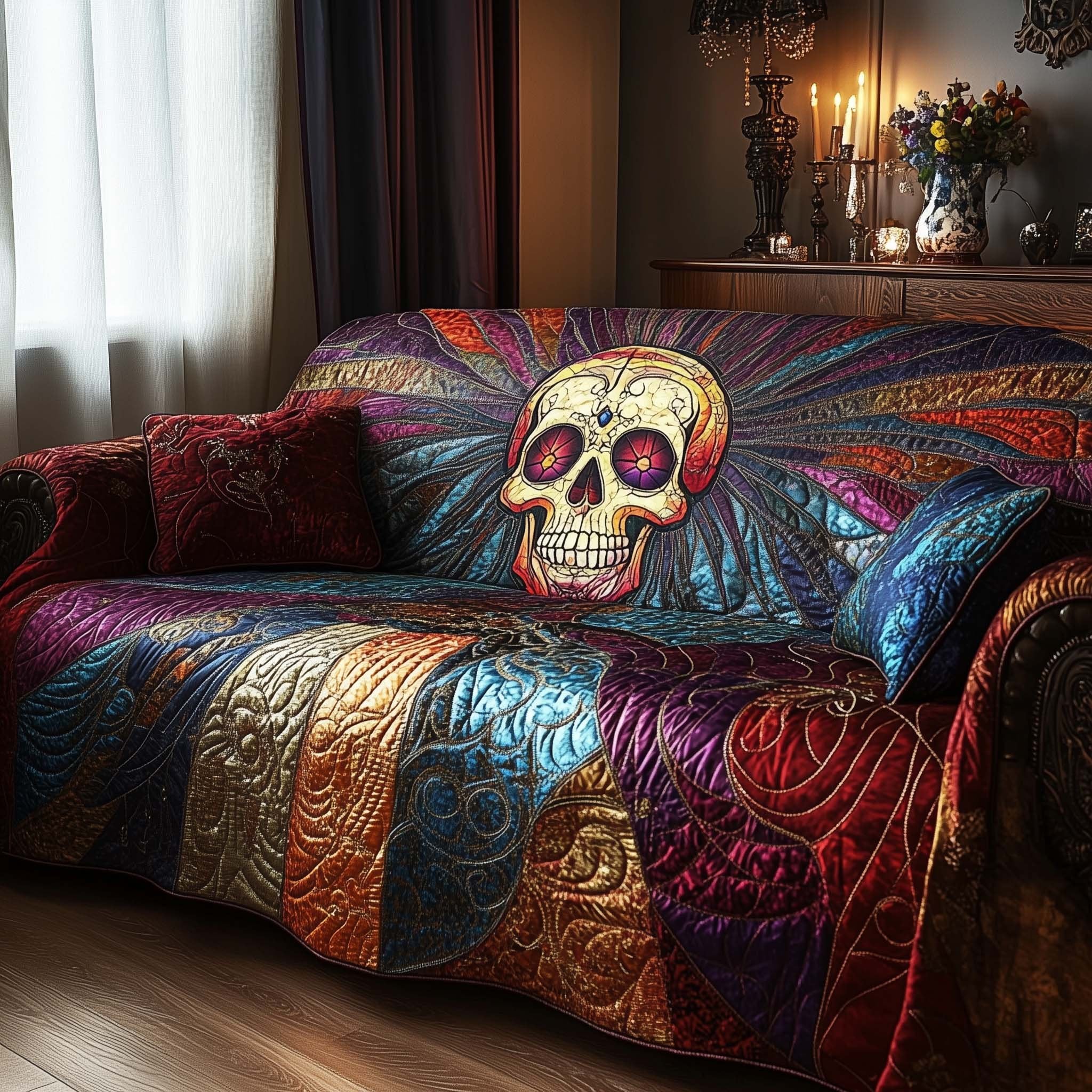 Sugar Skull on Crimson Rays Sofa Cover