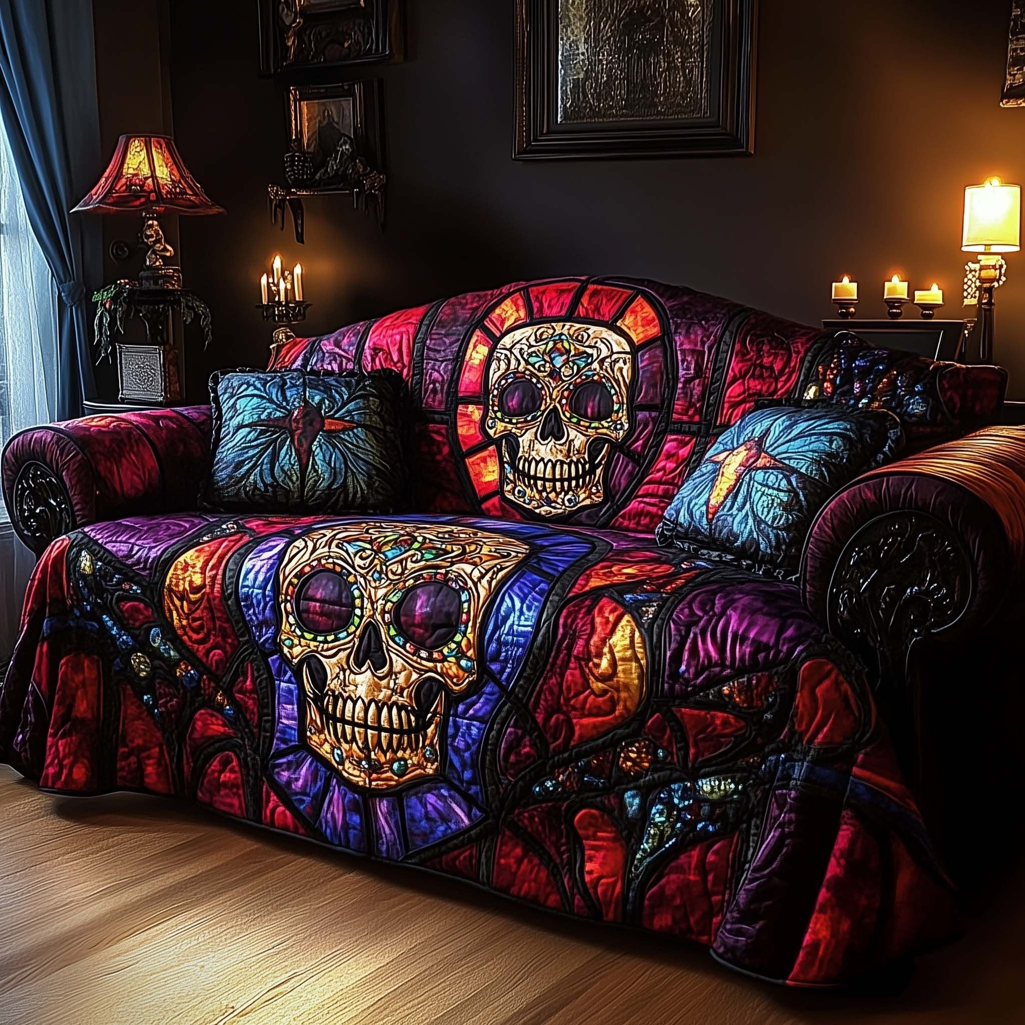 Stained Glass Sugar Skulls in Purple Sofa Cover