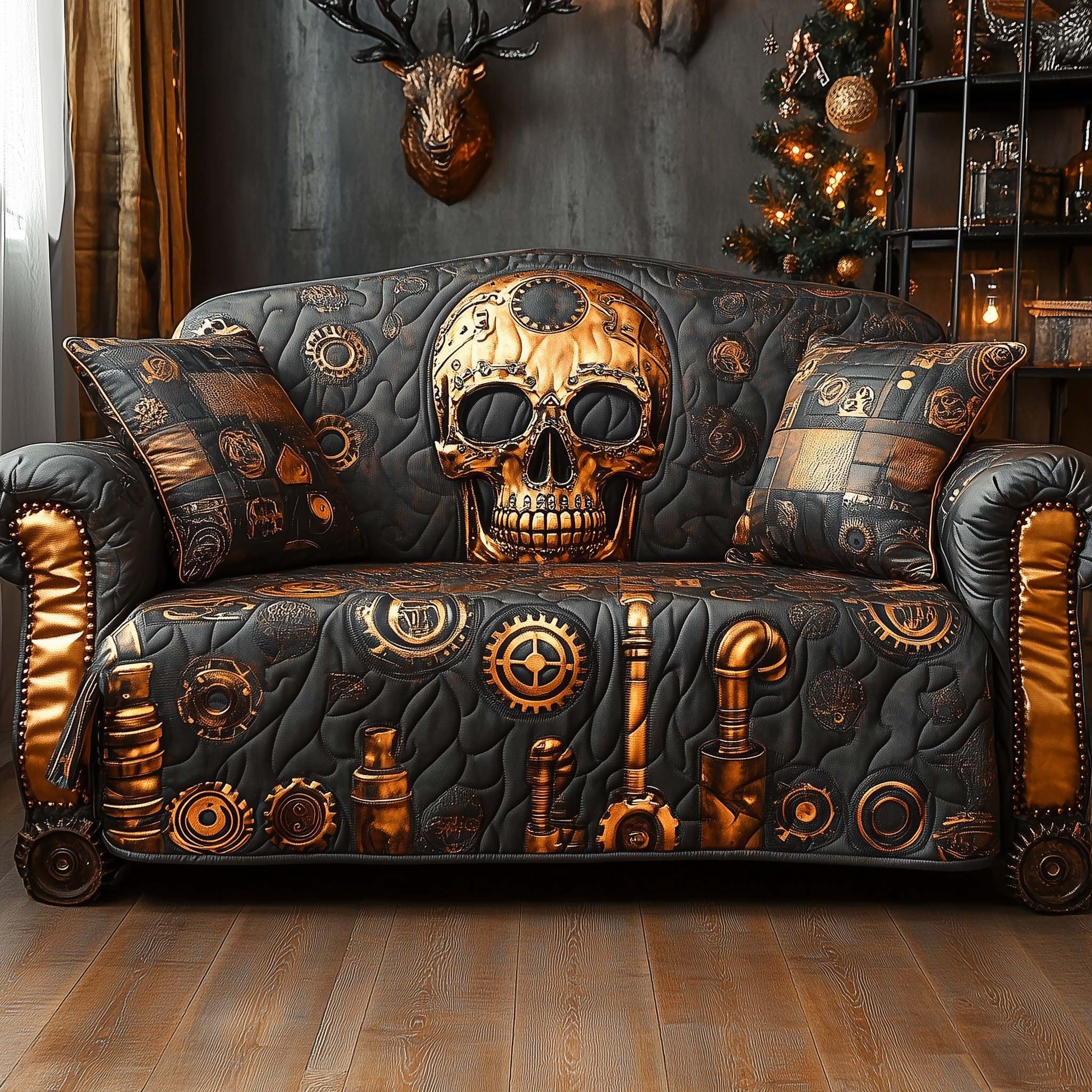 Steampunk Skull with Brass Gears Sofa Cover