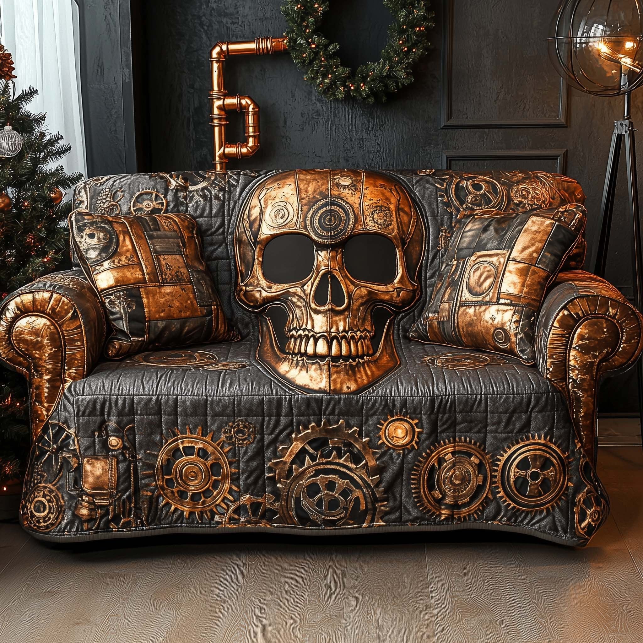Copper Skull and Cogwheels Sofa Cover
