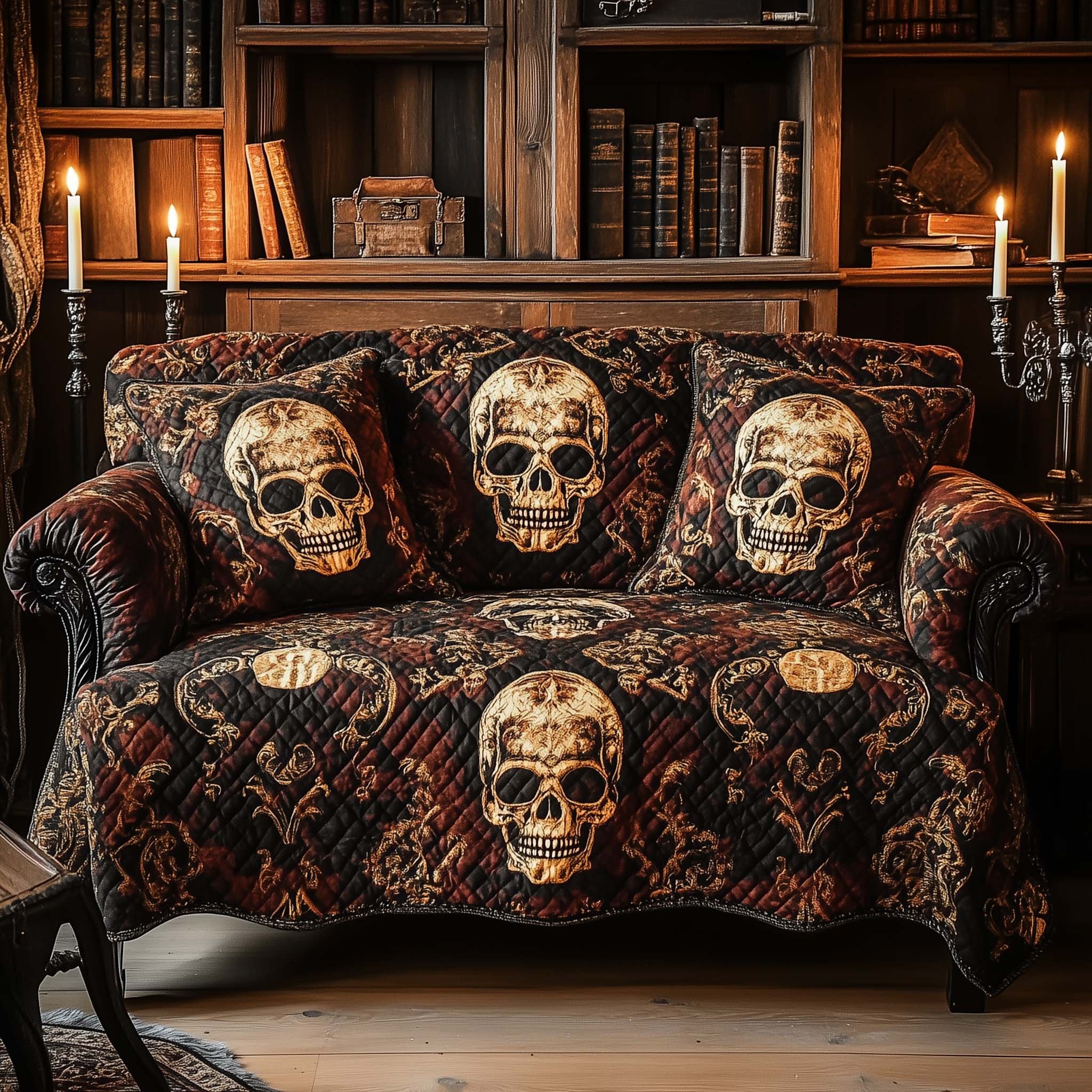 Skulls on Dark Damask Brocade Sofa Cover