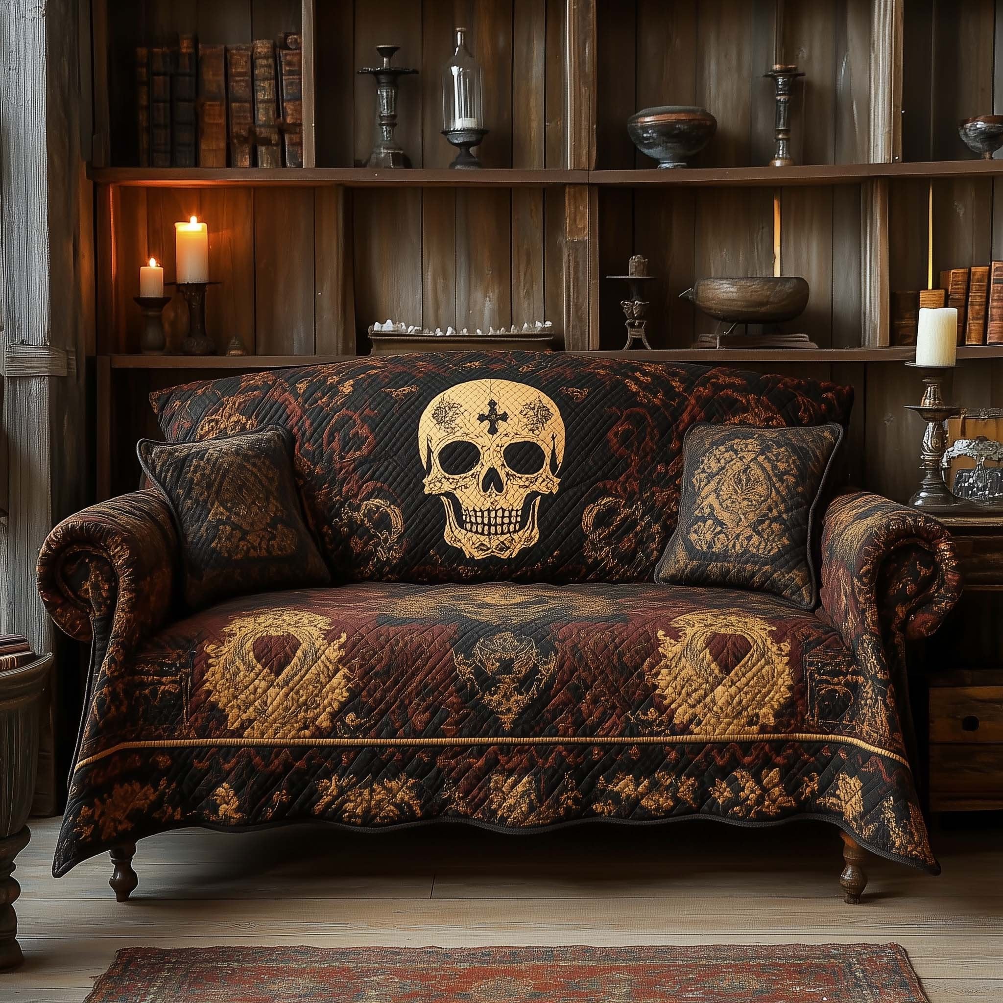 Gothic Skull on Ornate Crimson Sofa Cover