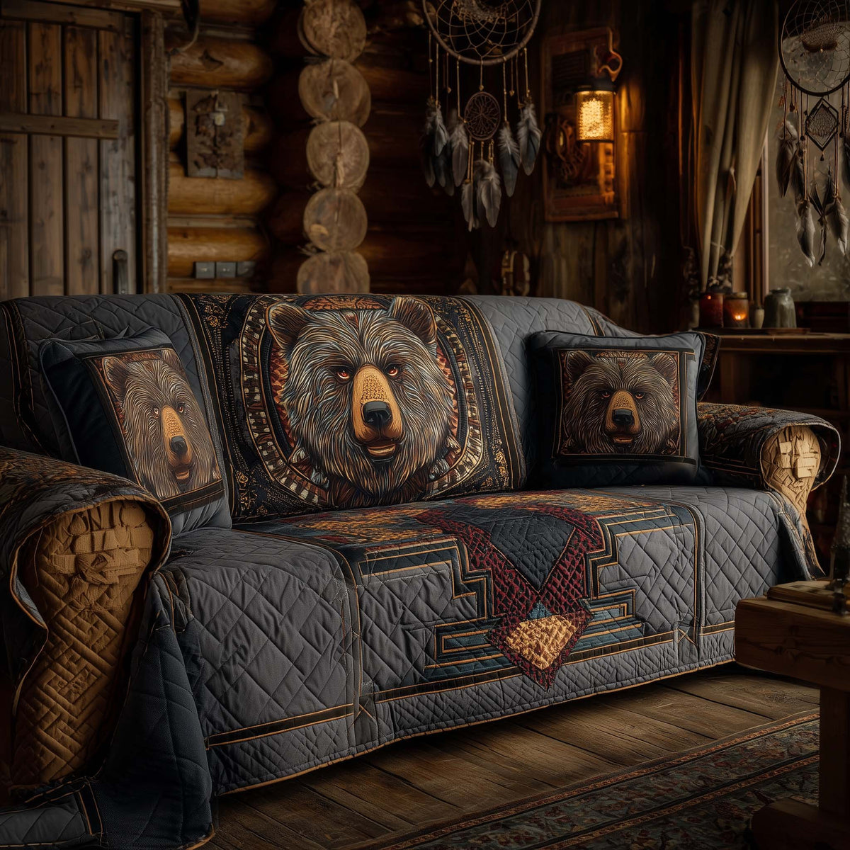 Grizzly Bear on Grey Southwestern Sofa Cover