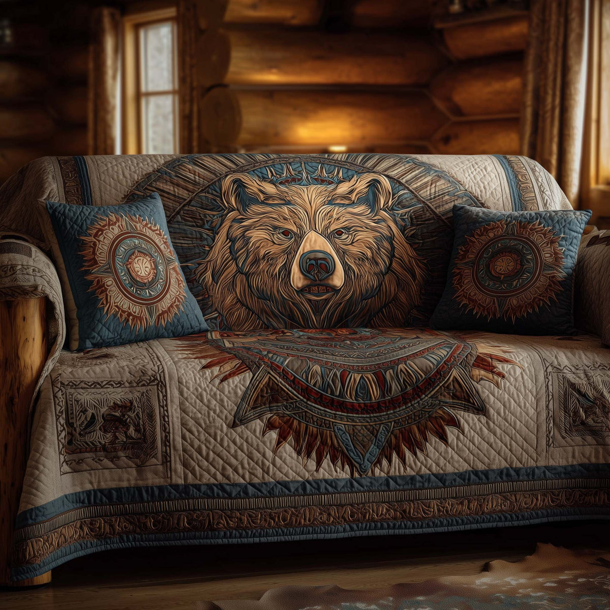 Bear Head on Cream Sunburst Sofa Cover