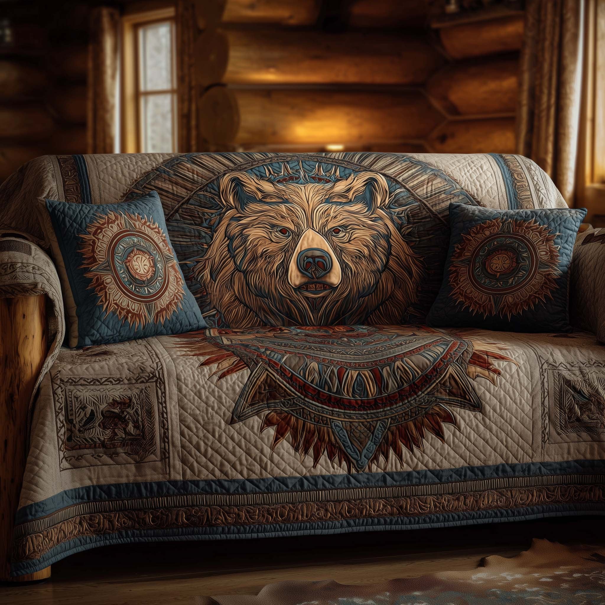 Bear Head on Cream Sunburst Sofa Cover