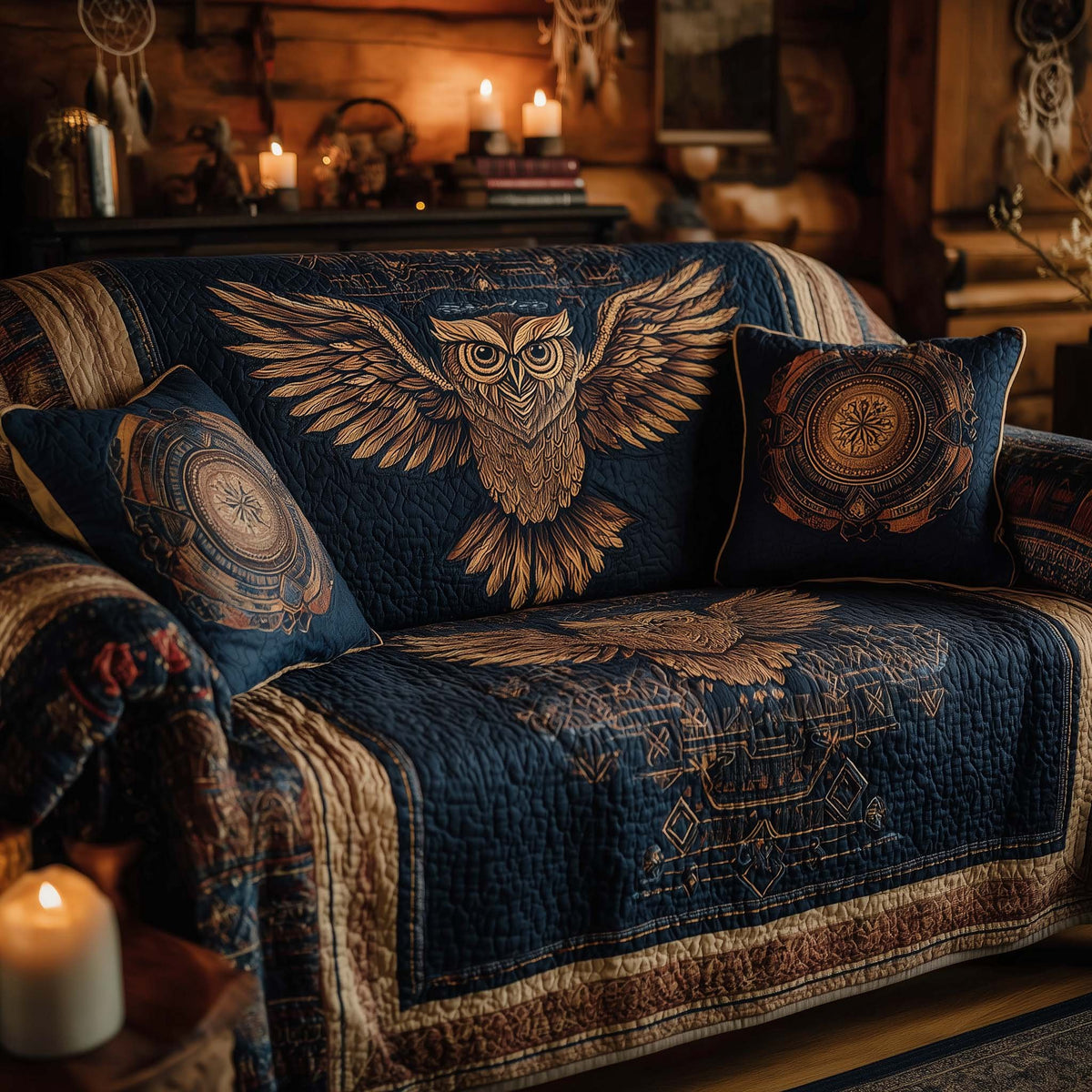 Owl Wings on Navy Tribal Blanket Sofa Cover