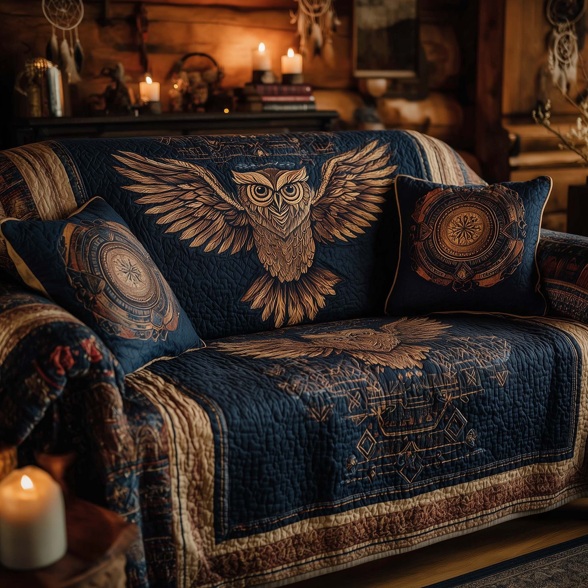 Owl Wings on Navy Tribal Blanket Sofa Cover