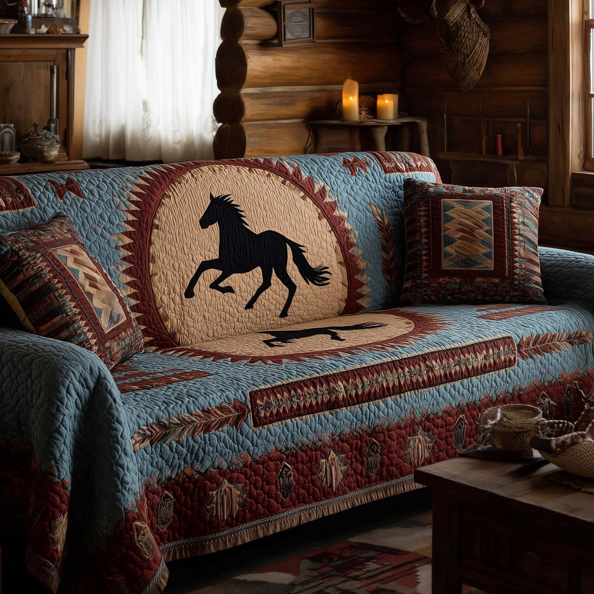 Black Horse on Blue Medallion Sofa Cover