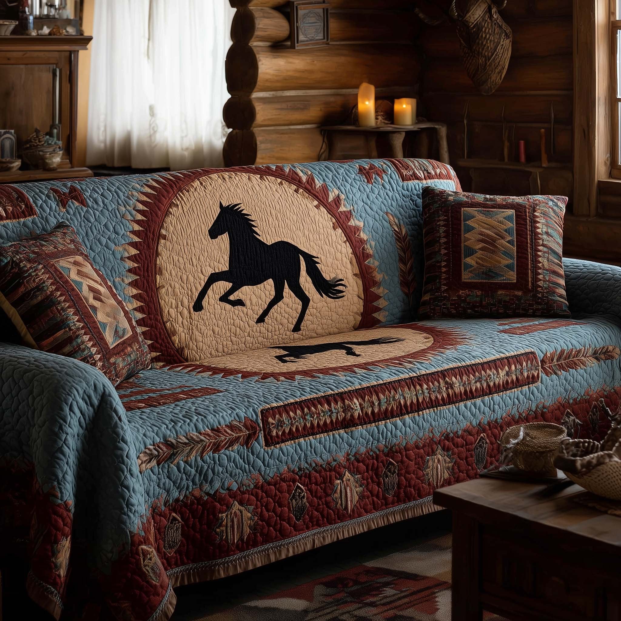 Black Horse on Blue Medallion Sofa Cover