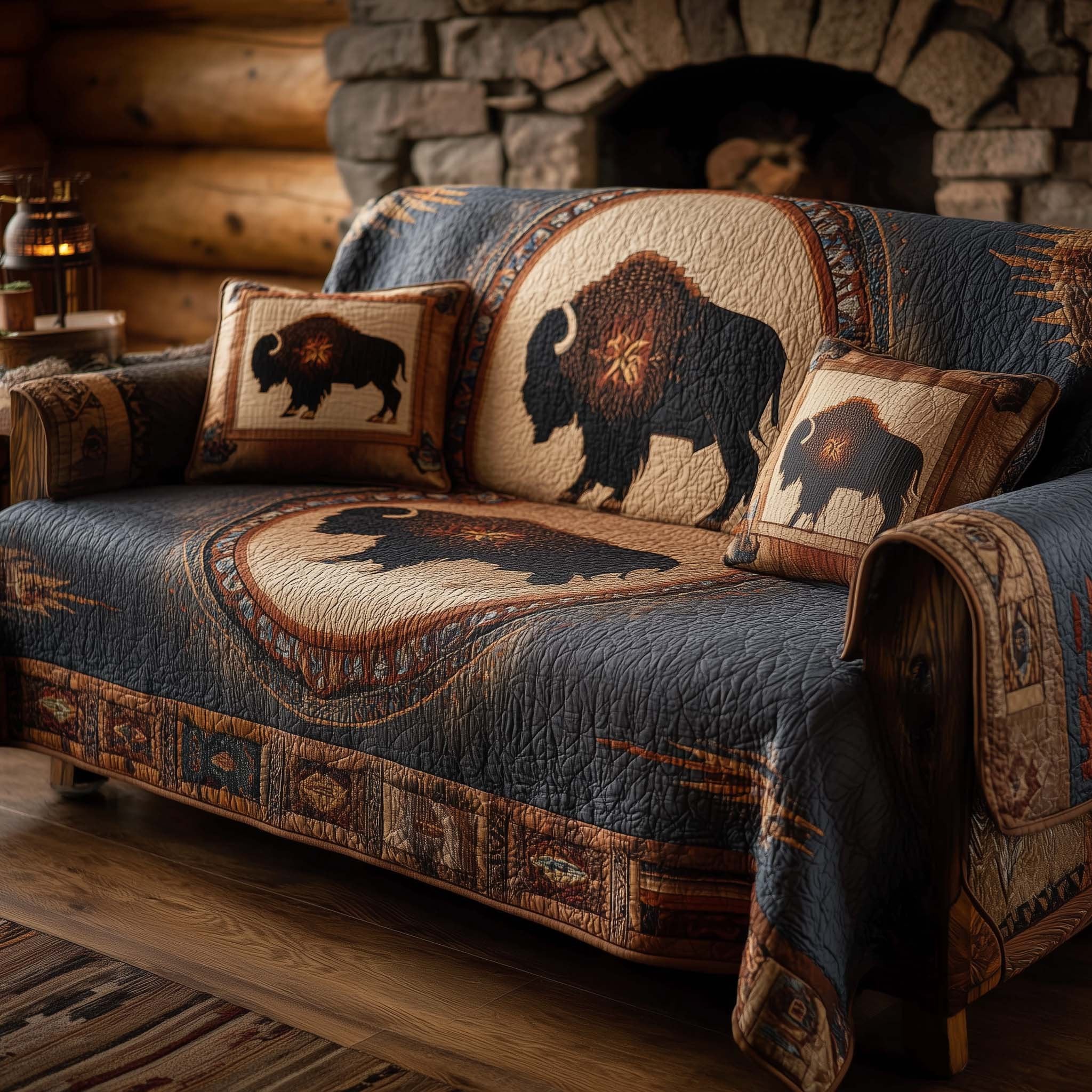 Bison Silhouette on Grey Blanket Sofa Cover