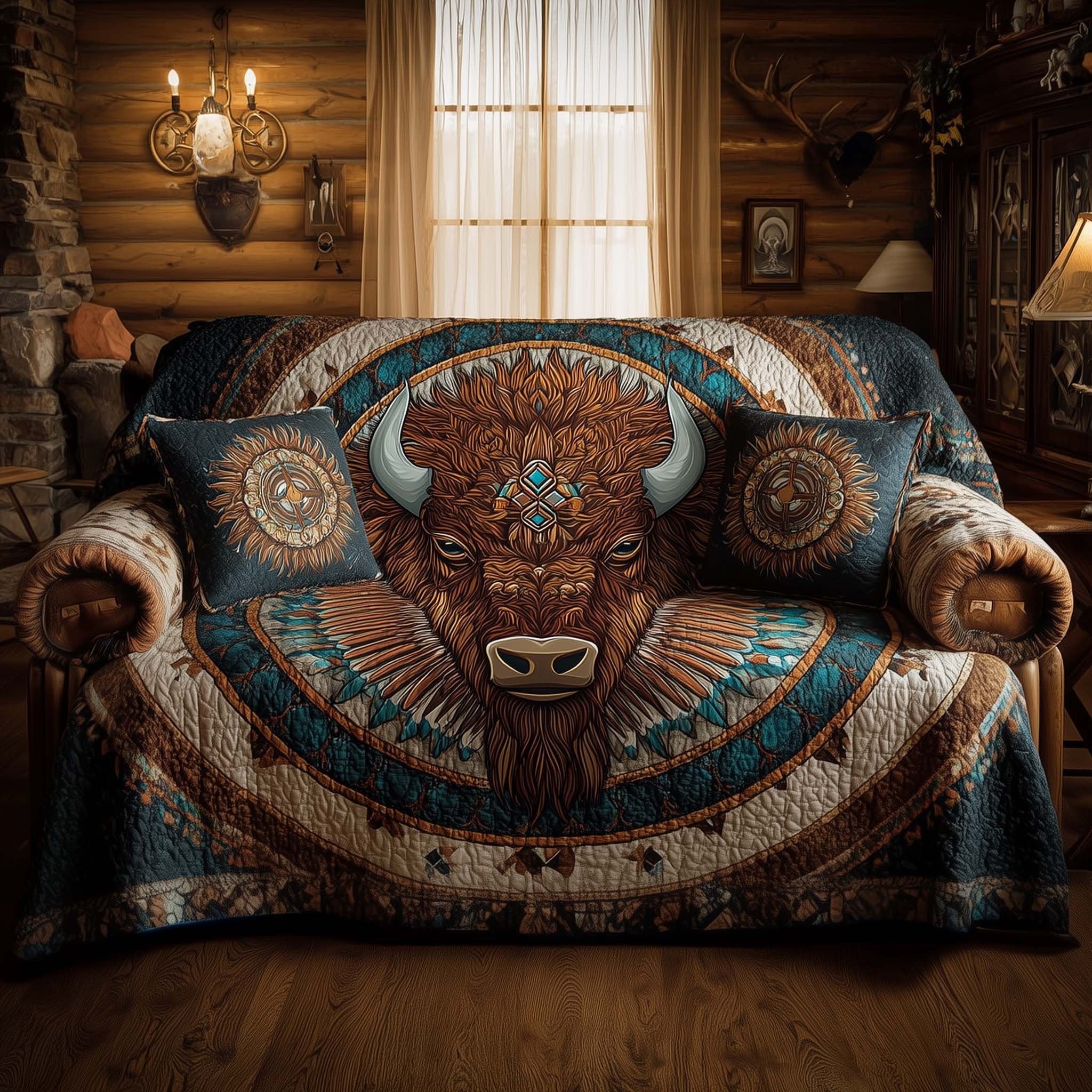 Bison Head in the Teal Circle Sofa Cover