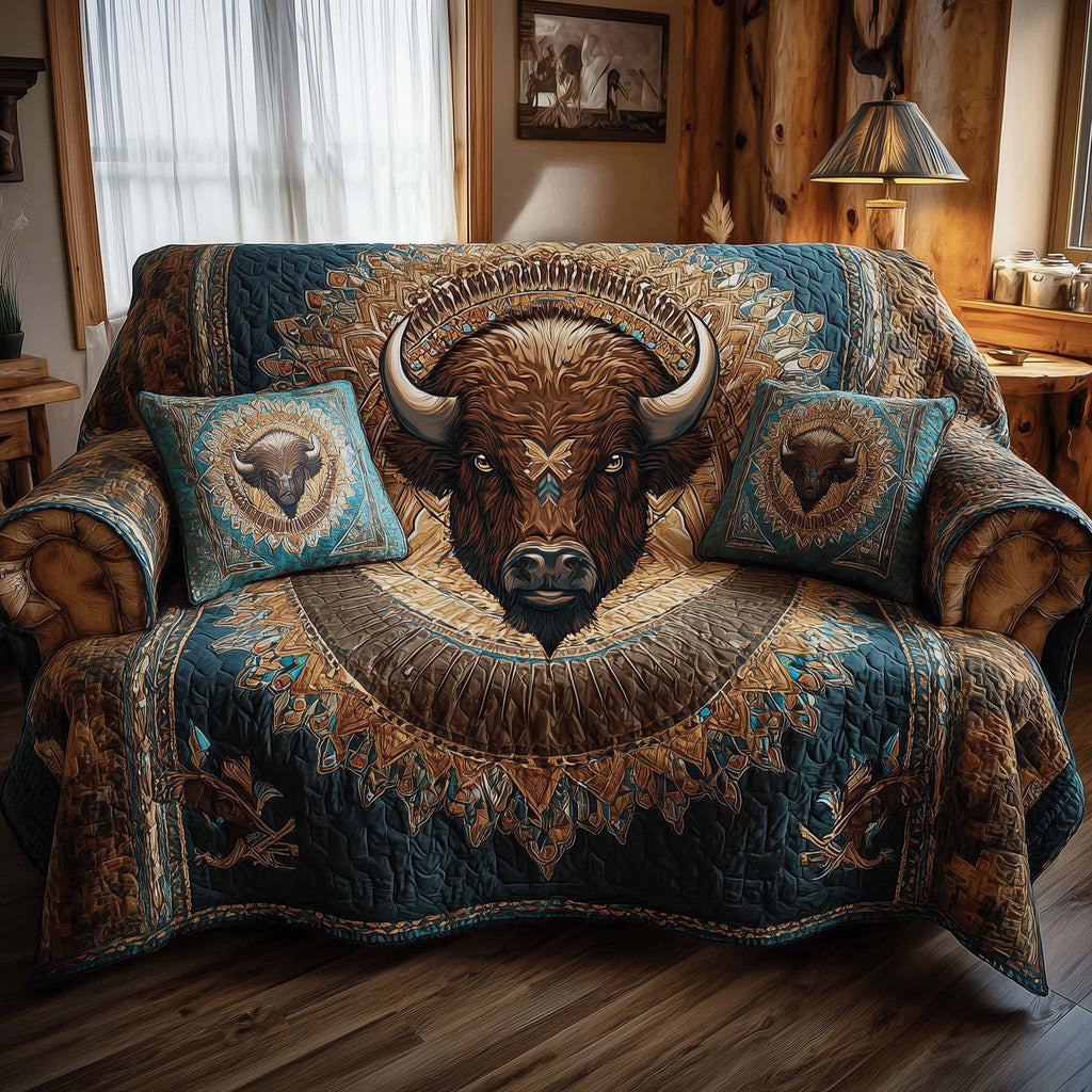 Bison Head on Ornate Blue Sofa Cover